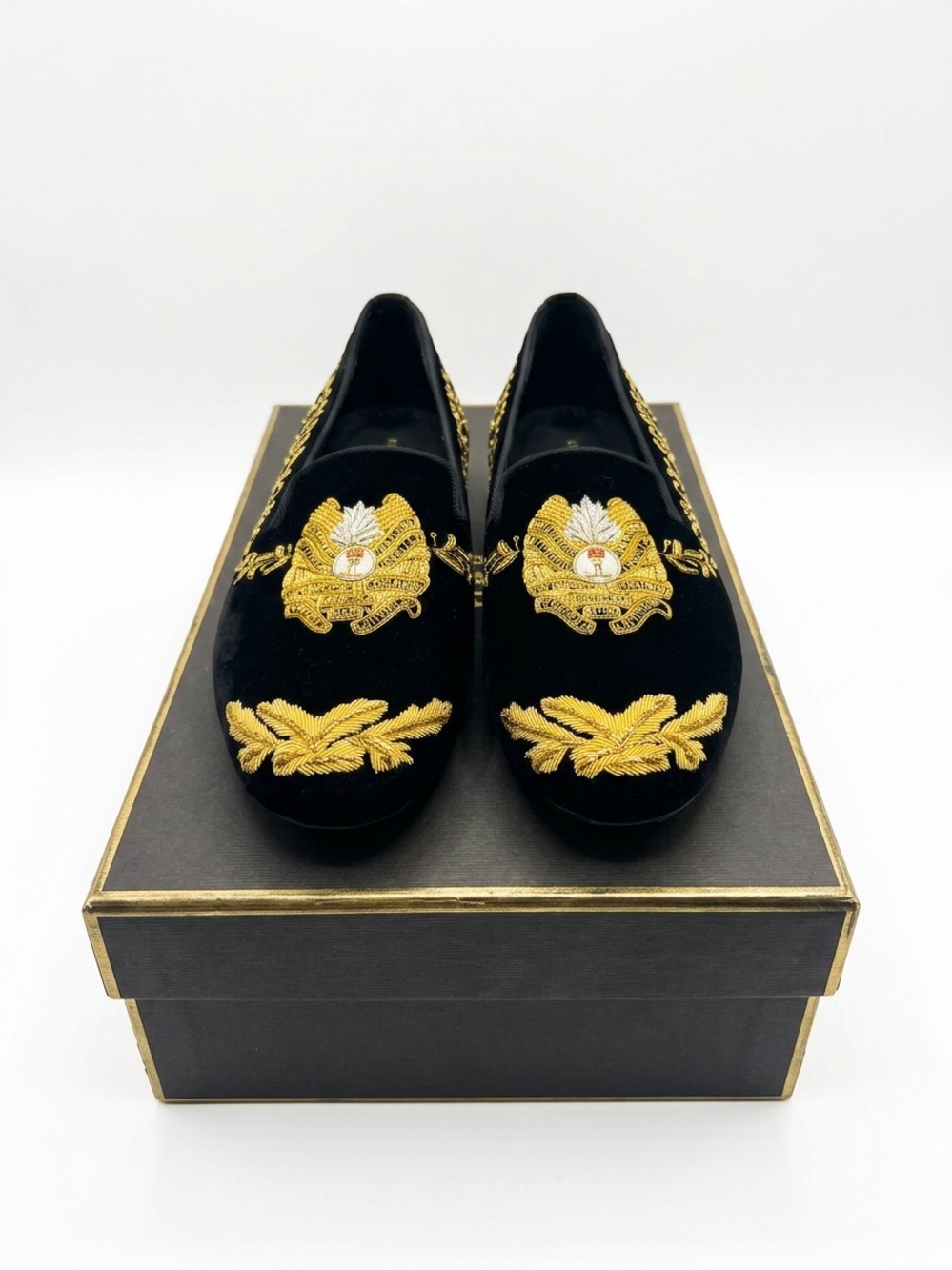 Black Velvet Loafers with Gold Embroidered Crest